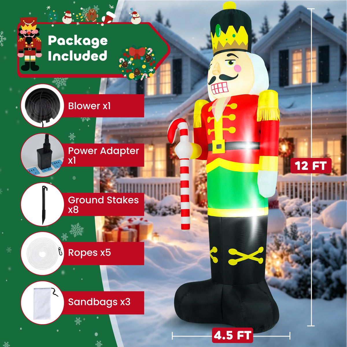 Yexmas 12FT Christmas Inflatable Nutcracker Soldier, Blow Up Yard Xmas Decor with LED Light&Candy Cane for Holiday Party Lawn Garden Outdoor Decor