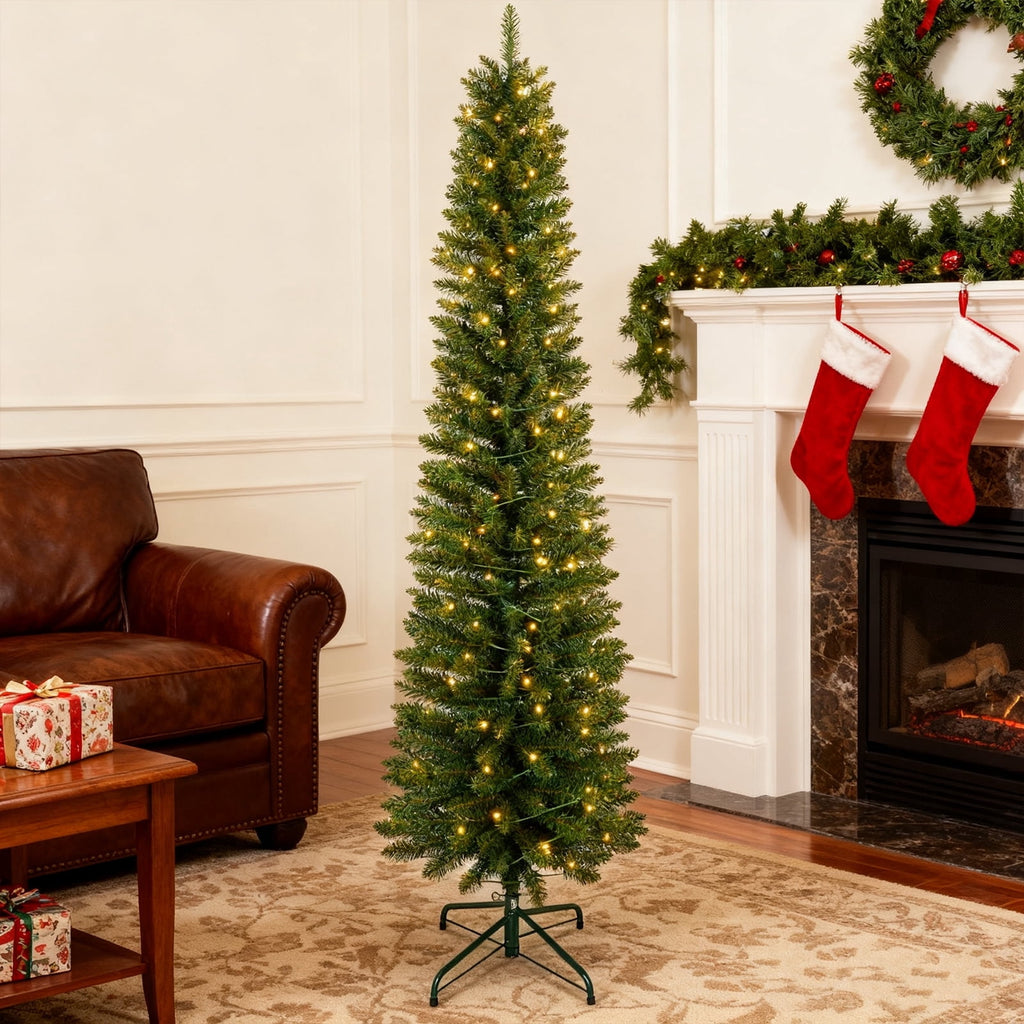 Bringstar 6FT Pre-Lit Pencil Christmas Tree,Green Artificial Xmas Trees, 150 LED Warm White Lights