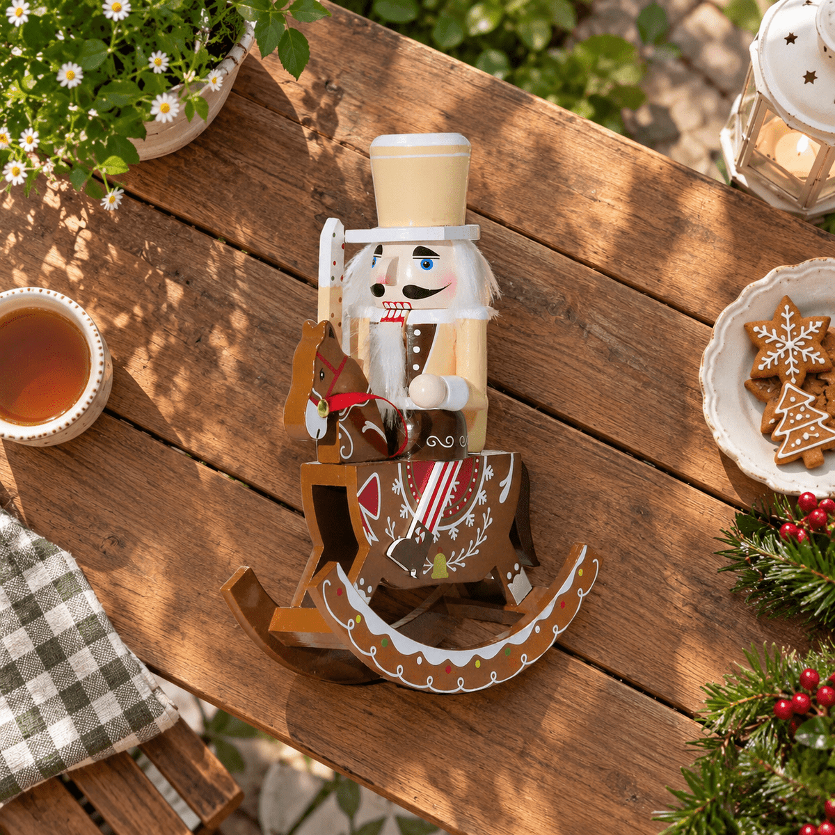 Gingerbread Wooden Nutcracker Rocking Horse Soldier Figurine Indoor Christmas Decor