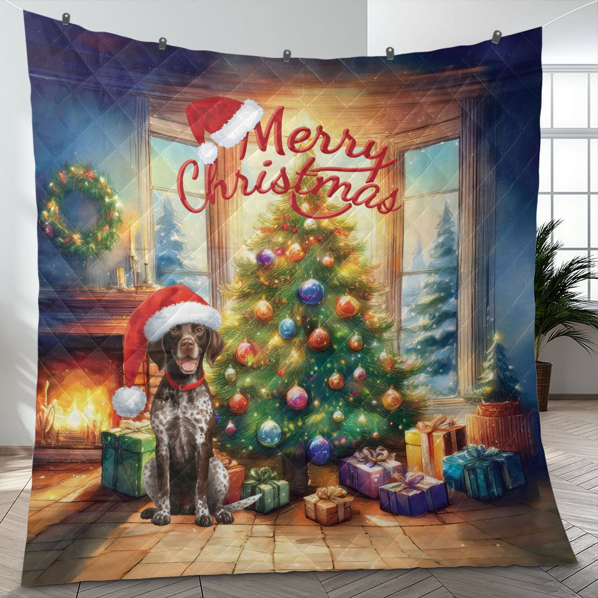 Merry Christmas French Bulldog Santa Hat Xmas Tree Winter Holiday Quilt Bedding Set Dog Lover Gifts 1 Blanket Bed Cover 2 Pillowcases - 01013