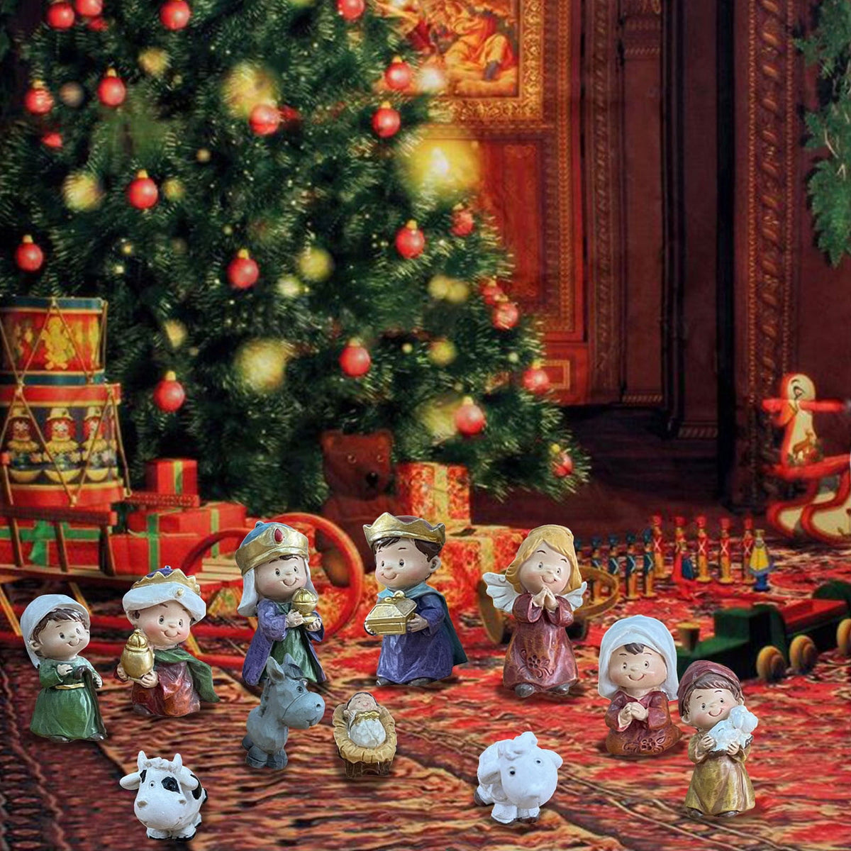 SIYTUAU Christmas Manger Nativity Scene Ornament Miniature Resin Craft Set 11 Piece Holy Family Figurines Display For Tabletop Holiday Decor