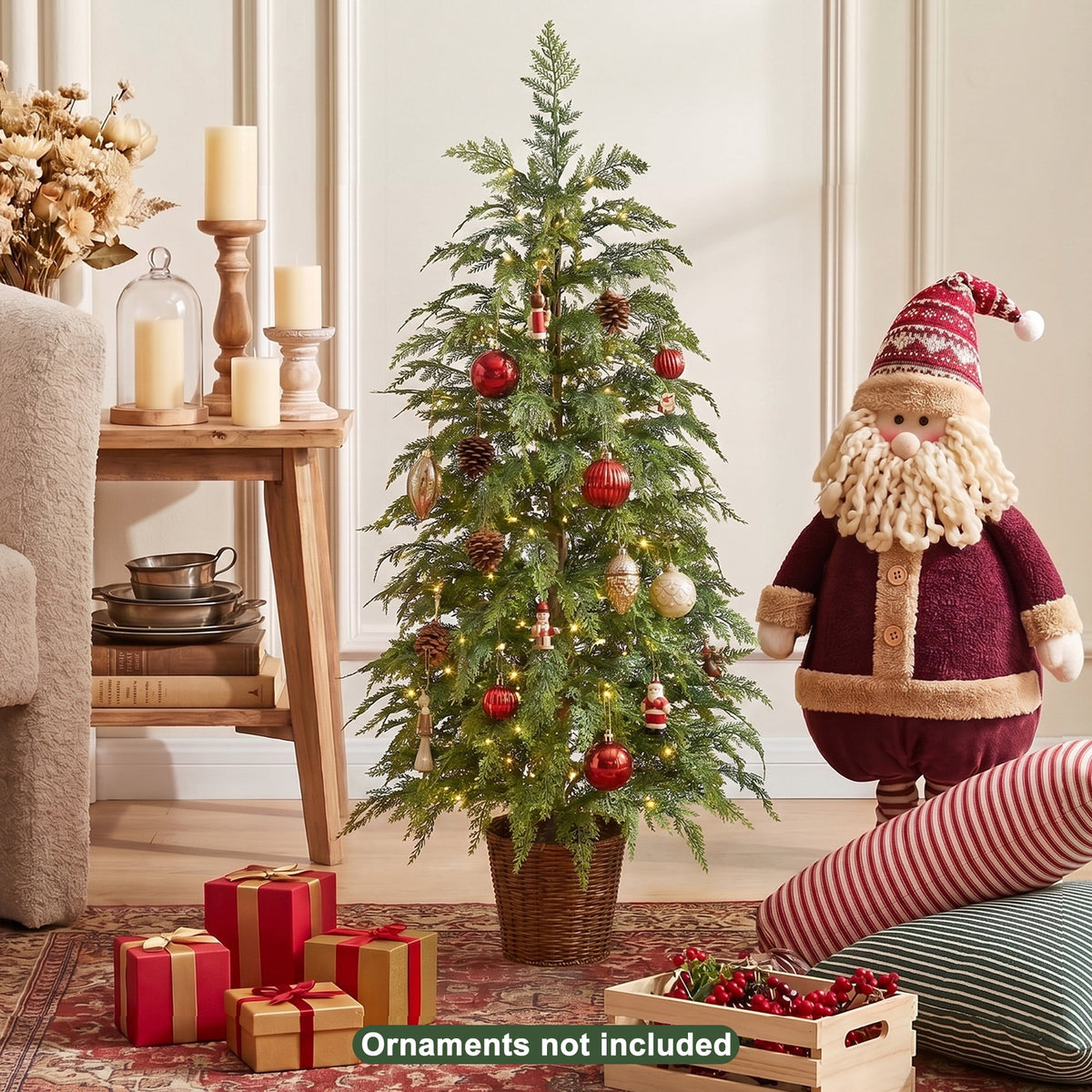 DR.Planzen 24" Pre-Lit Green Cypress Artificial Christmas Tree with 30 Warm White LED Lights, Mini Tabletop Xmas Tree in Woven Basket Base, Indoor Holiday Decoration