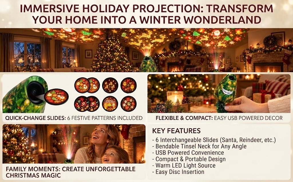 Magical Christmas Projection Night Light, USB Powered Holiday Projector with Festive Wall and Ceiling Effects for Bedroom, Living Room and Christmas Party Ambiance