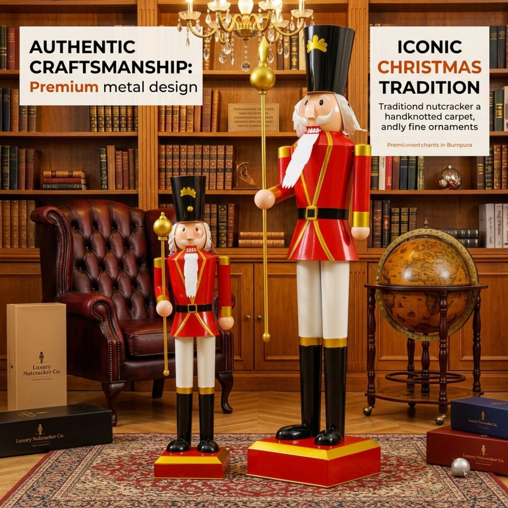 RUIE 32.5 Inch Christmas Nutcracker with High Hat and Scepter, Black & Red Metal Nutcracker Soldier with Hidden Storage for Indoor Outdoor Holiday