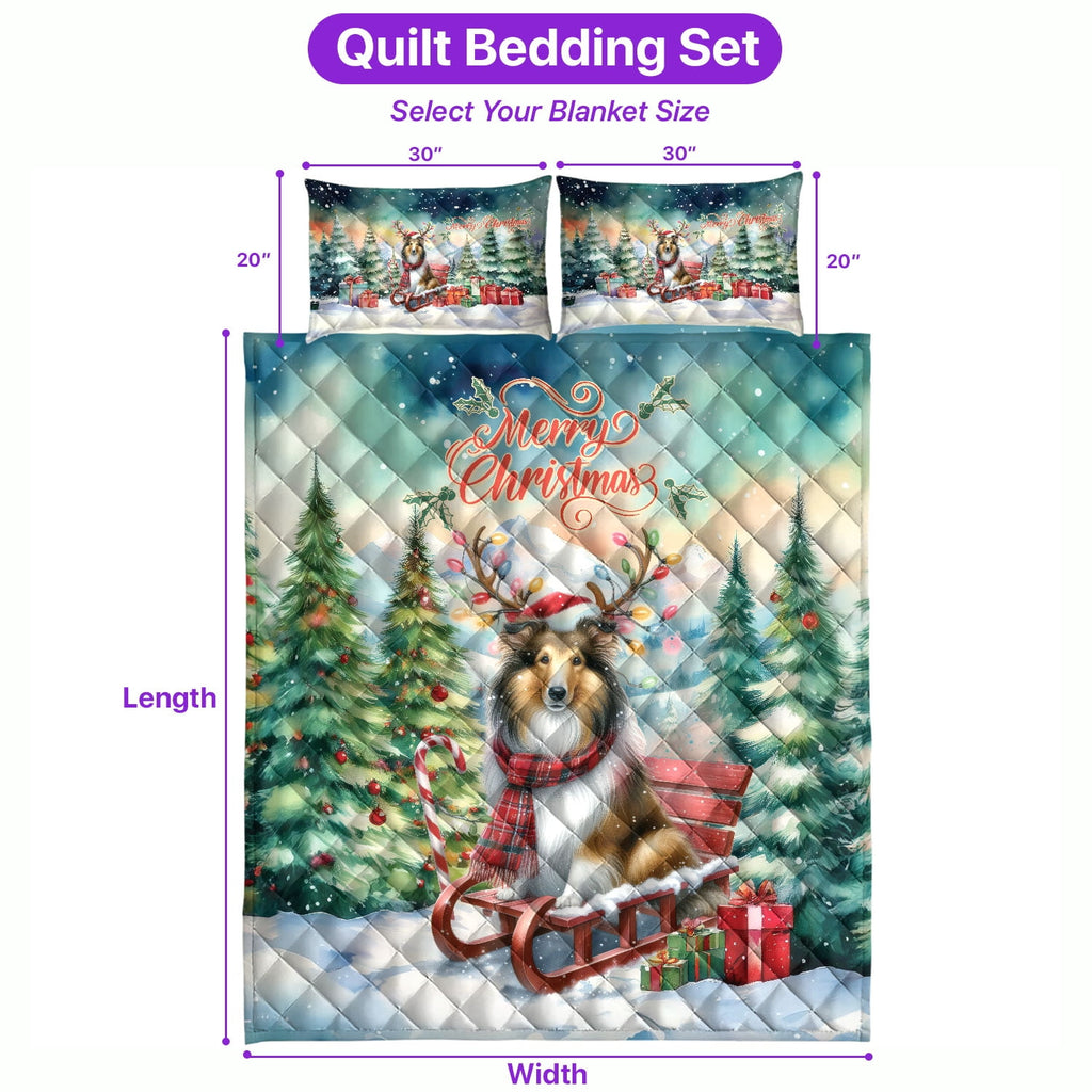 Merry Christmas Santa Reindeer Antlers French Bulldog Sleigh Xmas Winter Holiday Quilt Bedding Set Dog Lover Gifts 1 Blanket Bed Cover 2 Pillowcases - 00023