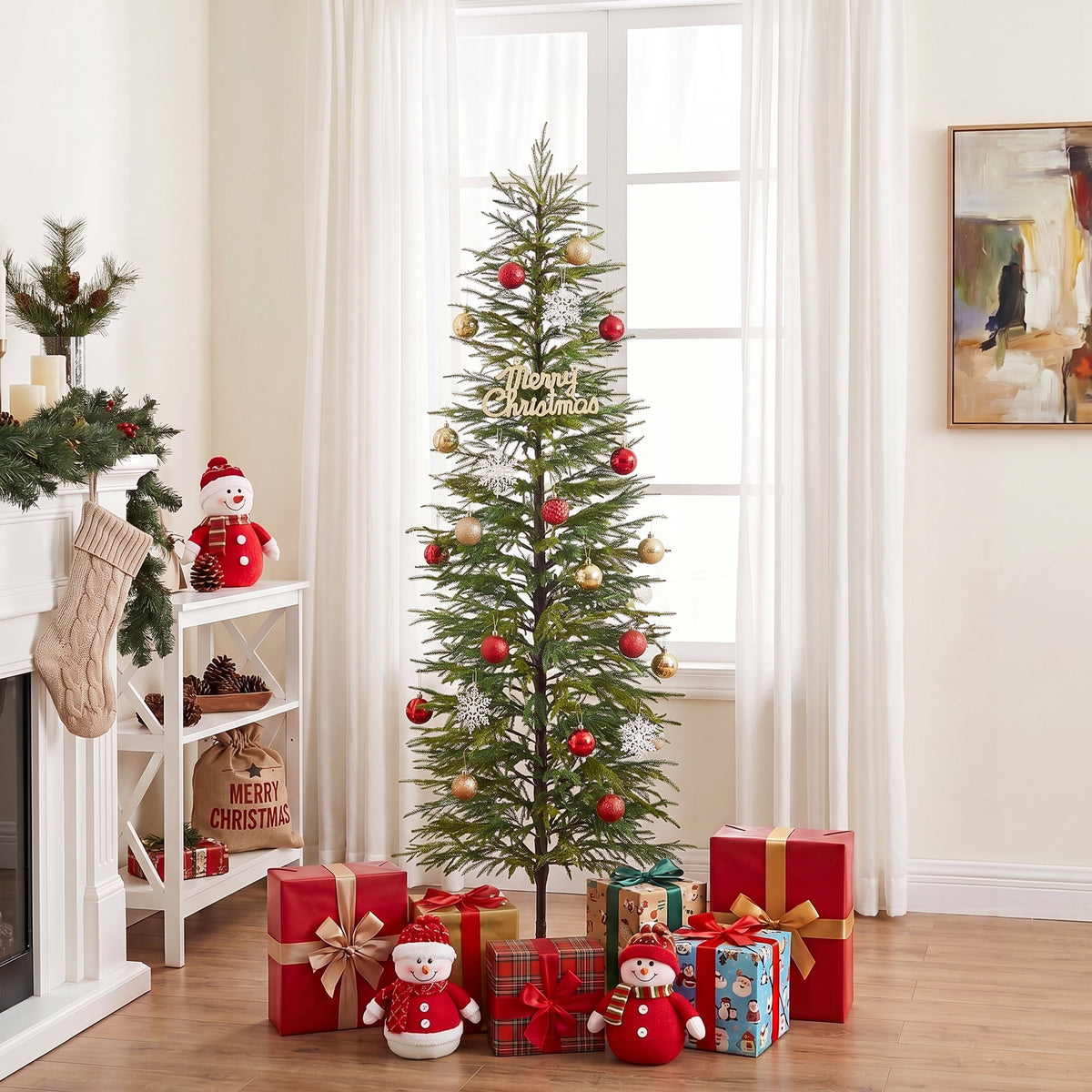 DR.Planzen 6' Green Cypress Artificial Christmas Tree, Pencil Xmas Tree with Foldable Metal Stand, Easy Assembly Indoor Large Room Holiday Decor