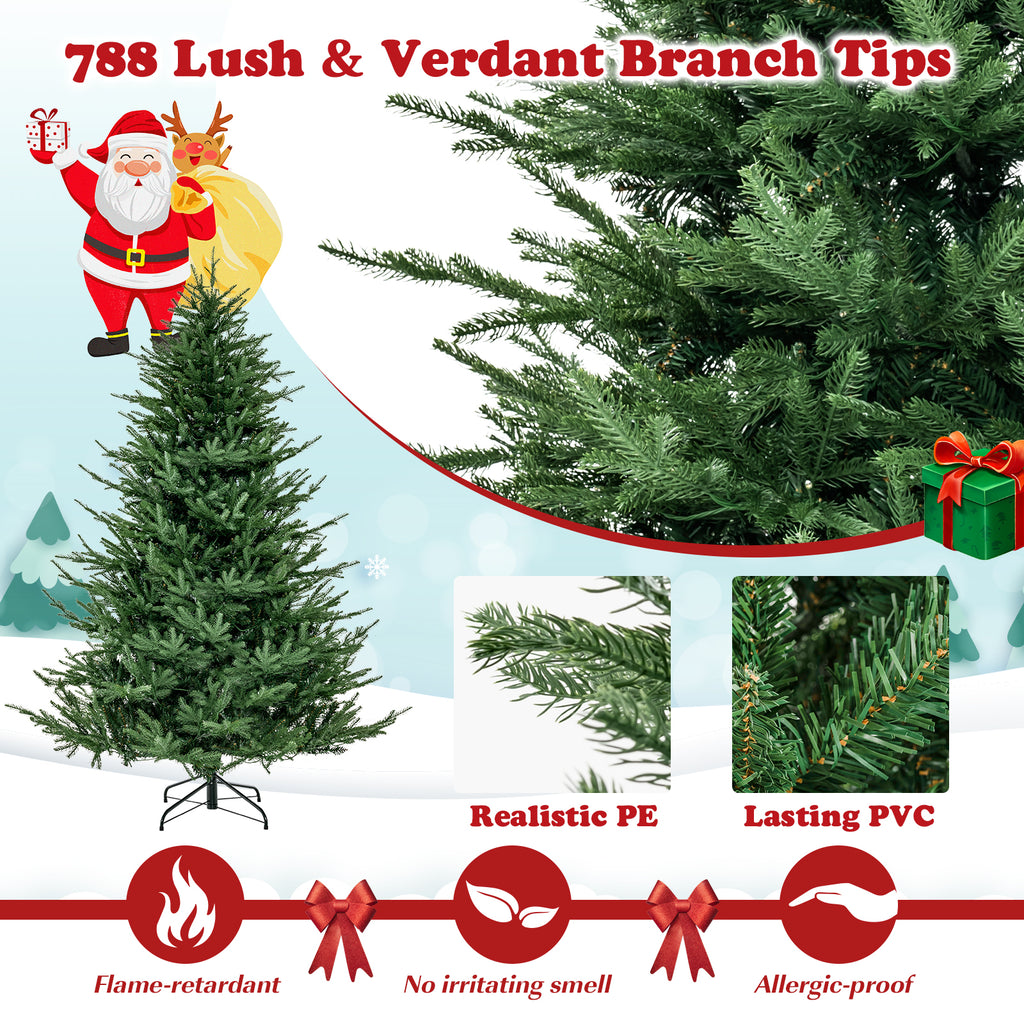 Topbuy 6FT Artificial Christmas Tree Pre-lit Xmas Tree with 280 Warm White LED Lights 8 Lighting Modes 788 PE & PVC Branch Tips