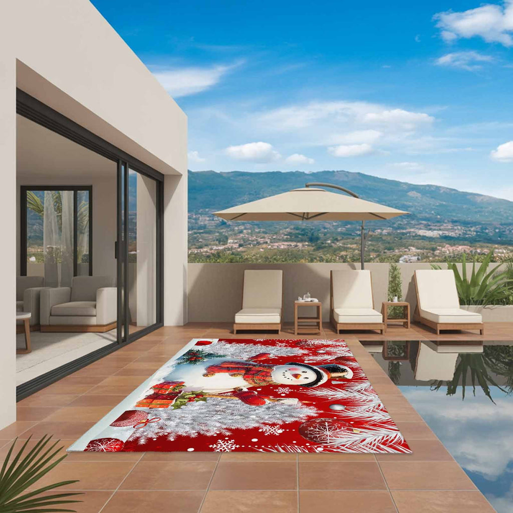 Grey Snowman Christmas Outdoor Rug for Patio/Deck/Porch, Non-Slip Large Area Rug 4 x 6 Ft, Xmas Tree Red Balls Snowflake Indoor Outdoor Rugs Washable Area Rugs, Reversible Camping Rug Carpet Runner