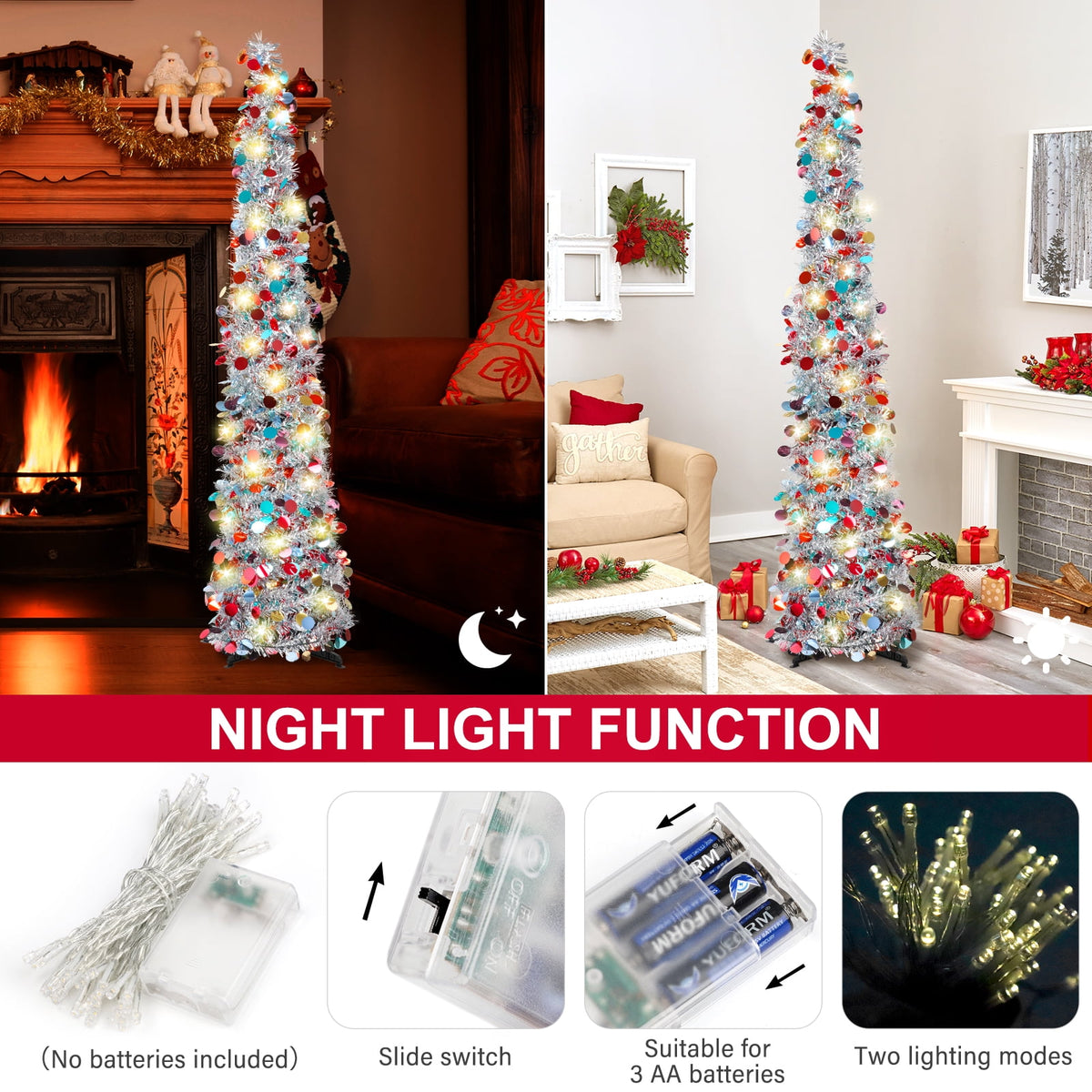 Ayieyill 5ft Pop up Christmas Tree,Color Artificial Pencil Tinsel Xmas Trees for Christmas Indoor Decorations, Collapsible Christmas Tree (Silver)