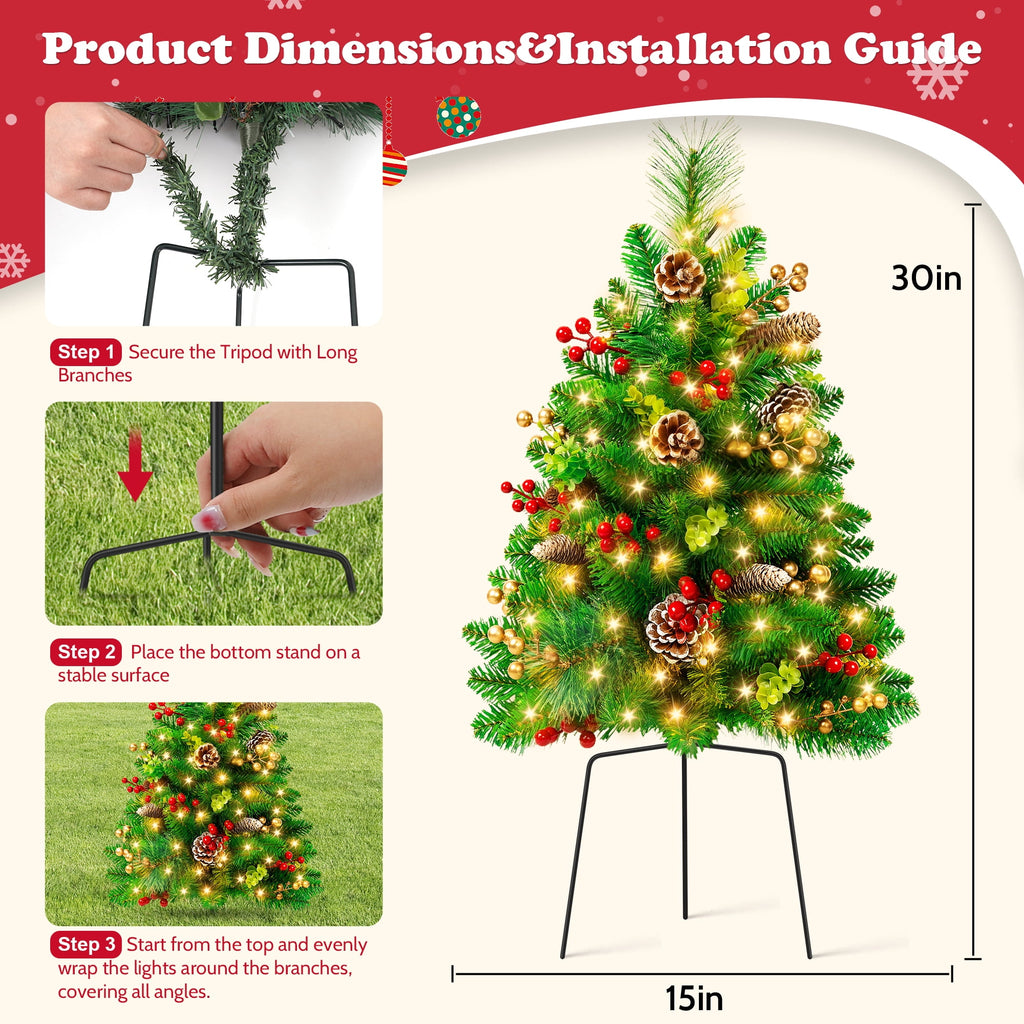 Yexmas 2PCS Small Outdoor Christmas Trees with LED Lights,30" Artificial Xmas Decora for Porch,Yard,Pathway,Garden,PVC