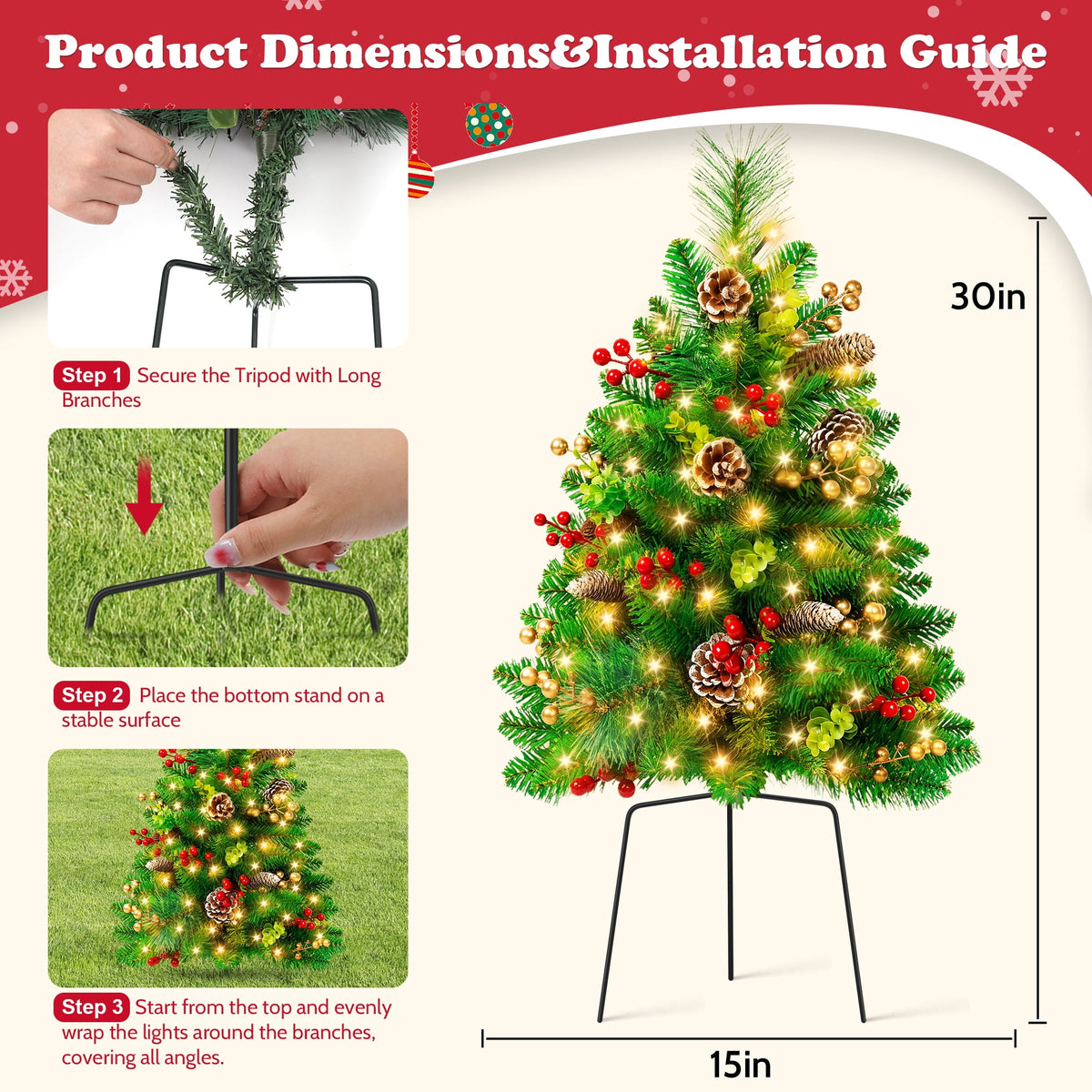 Yexmas 2PCS Small Outdoor Christmas Trees with LED Lights,30" Artificial Xmas Decora for Porch,Yard,Pathway,Garden,PVC