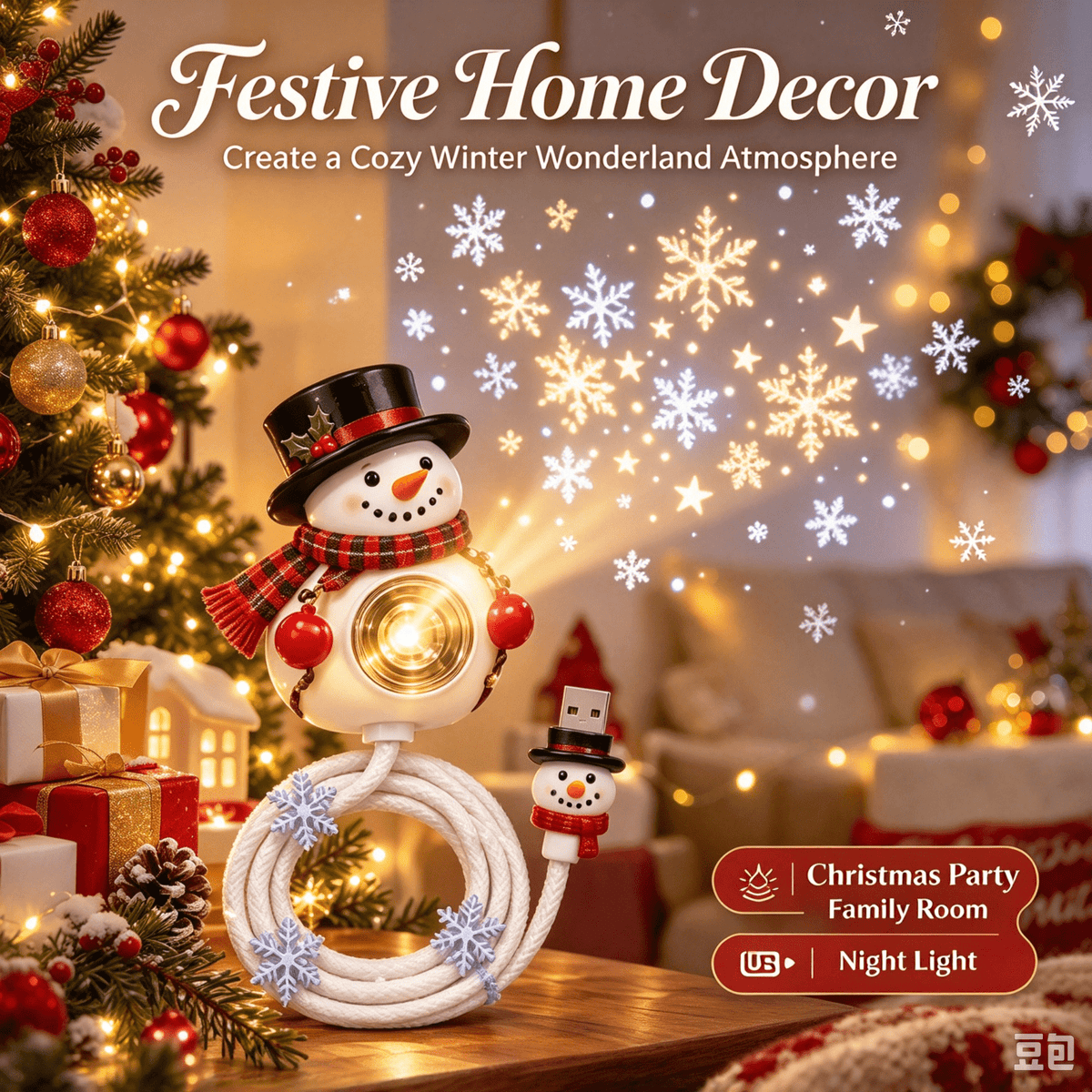 Christmas Projector Light Tree-Shaped, HD Plug Christmas Projector for Wall and Ceiling Decor, USB Indoor Christmas Light for Room, Party and Seasonal Displays