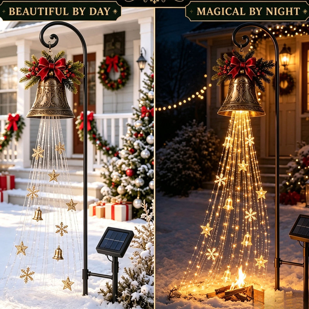 Luckky Santa’s Flying Sleigh Gift Cascade Solar Christmas Garden Light,Warm Golden Cascading LED Lights with Falling Gifts & Star,Solar Powered Outdoor Holiday Decor for Lawn,Pathway & Yard