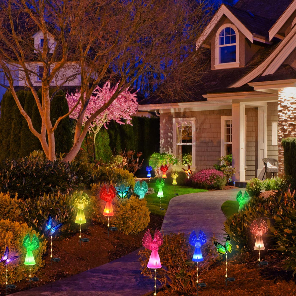 QiShi Solar Garden Lights Tree Outdoor Multi-Color Changing LED Stake Lights Flower for Garden, Patio, Yard and Decoration Solar Flickering Tree Lights (Tree,2 Pack)
