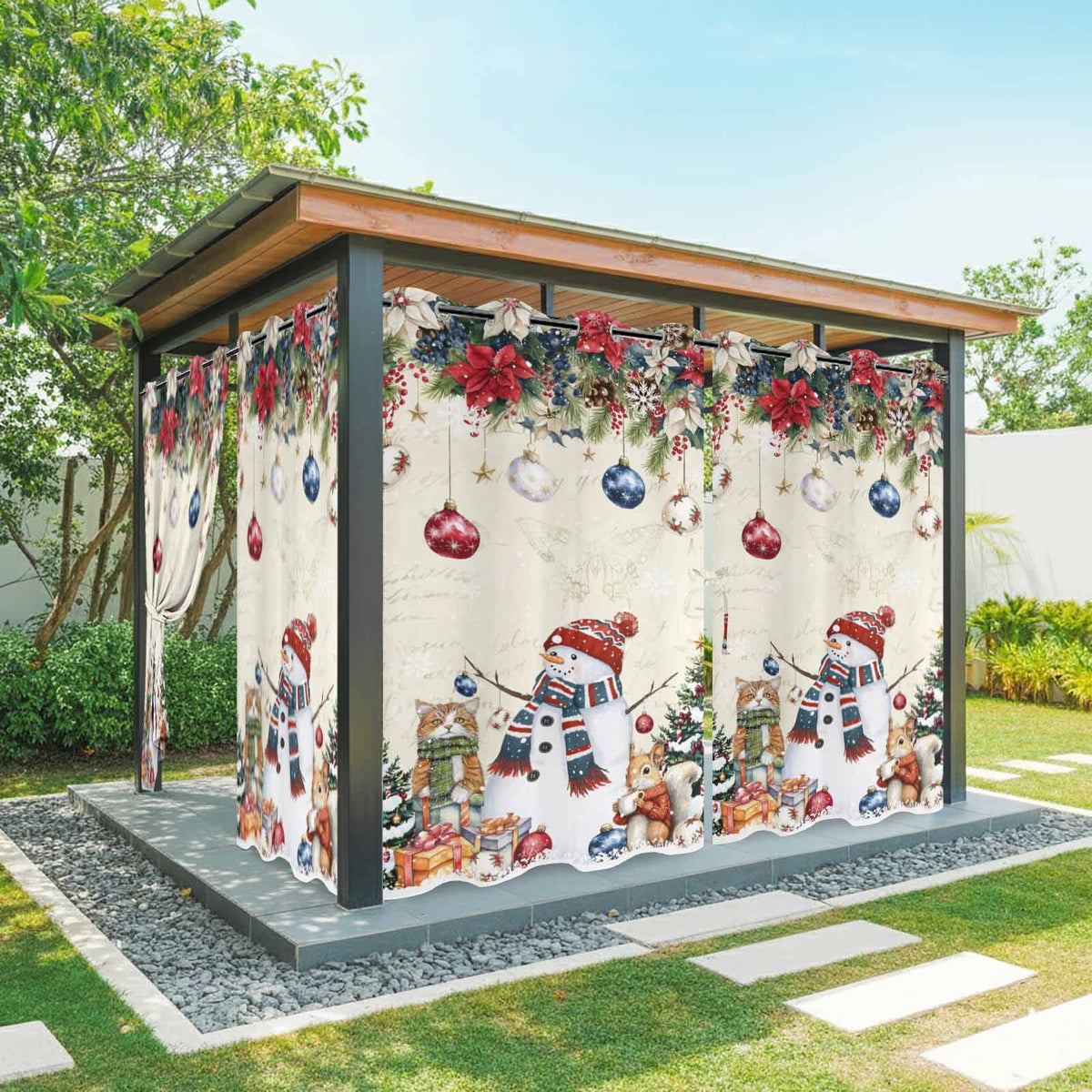 2 Panels Outdoor Curtains for Patio Waterproof 54"x84" Red Christmas Weatherproof Privacy Outsides Curtains, Snowman Poinsettia Pine Tree Squirrel Cat Grommet Thermal Drapes for Cabana Porch Pergola