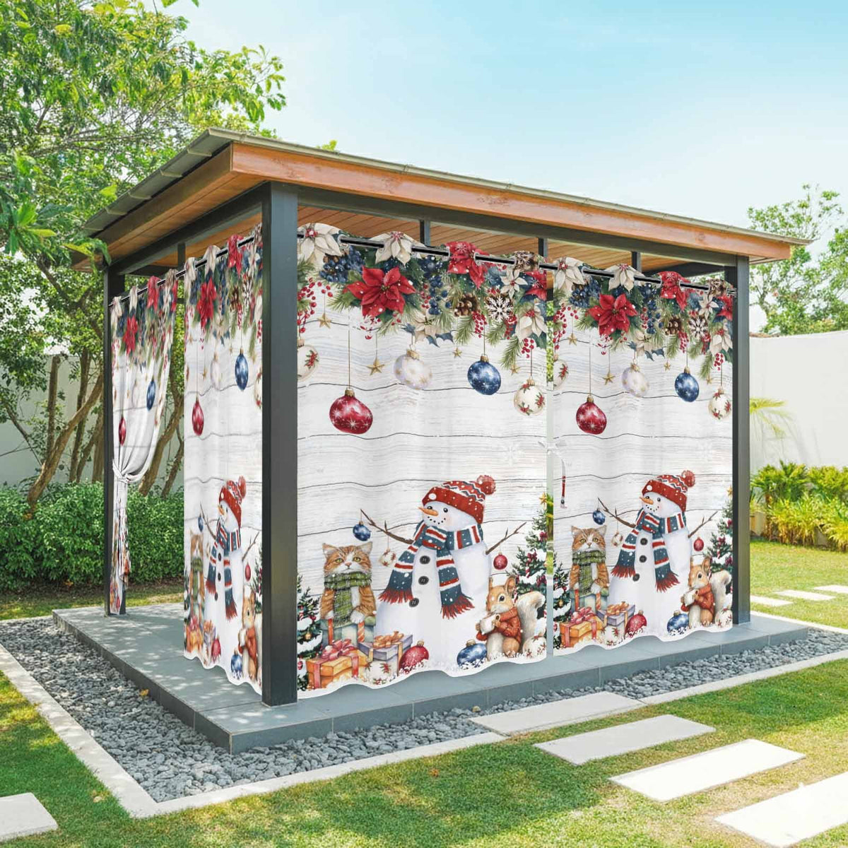 2 Panels Outdoor Curtains for Patio Waterproof 54"x84" Red Christmas Weatherproof Privacy Outsides Curtains, Snowman Poinsettia Pine Tree Squirrel Cat Grommet Thermal Drapes for Cabana Porch Pergola