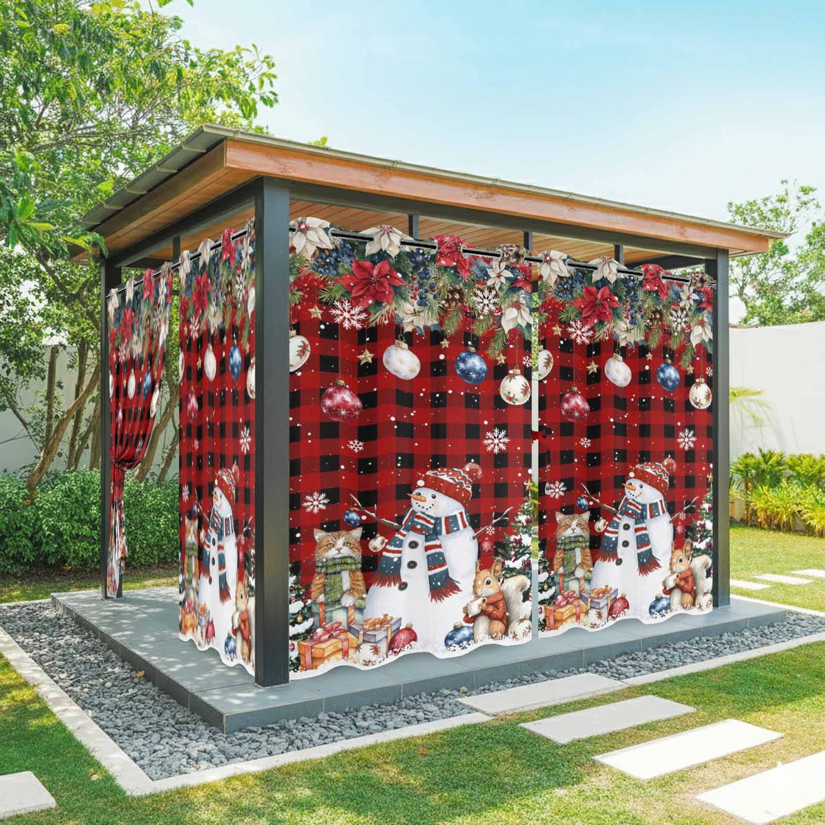 2 Panels Outdoor Curtains for Patio Waterproof 54"x84" Red Christmas Weatherproof Privacy Outsides Curtains, Snowman Poinsettia Pine Tree Squirrel Cat Grommet Thermal Drapes for Cabana Porch Pergola