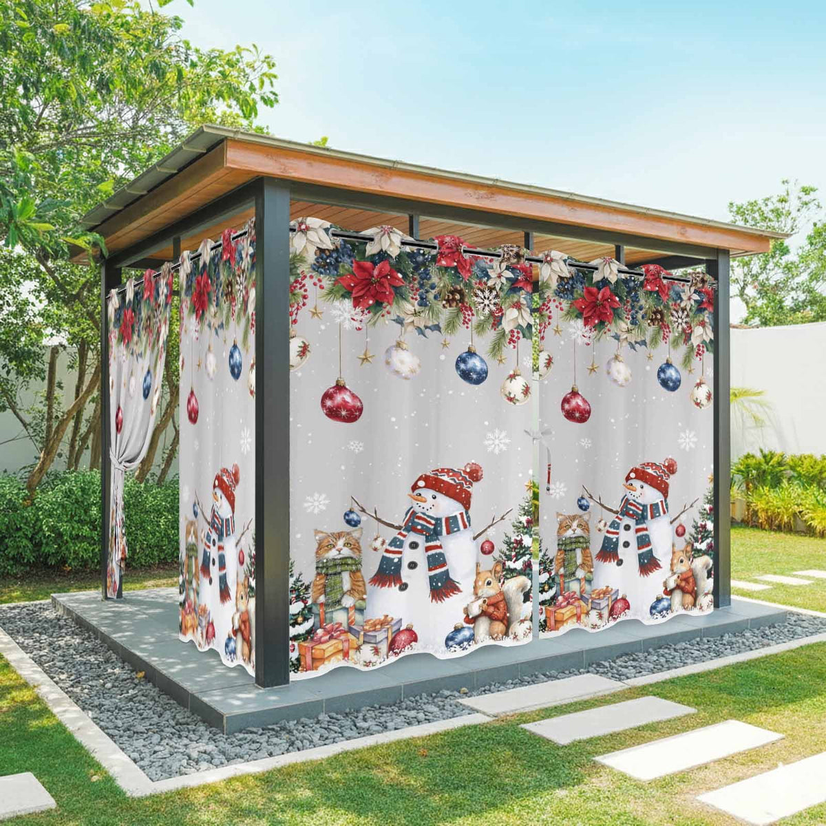 2 Panels Outdoor Curtains for Patio Waterproof 54"x84" Red Christmas Weatherproof Privacy Outsides Curtains, Snowman Poinsettia Pine Tree Squirrel Cat Grommet Thermal Drapes for Cabana Porch Pergola