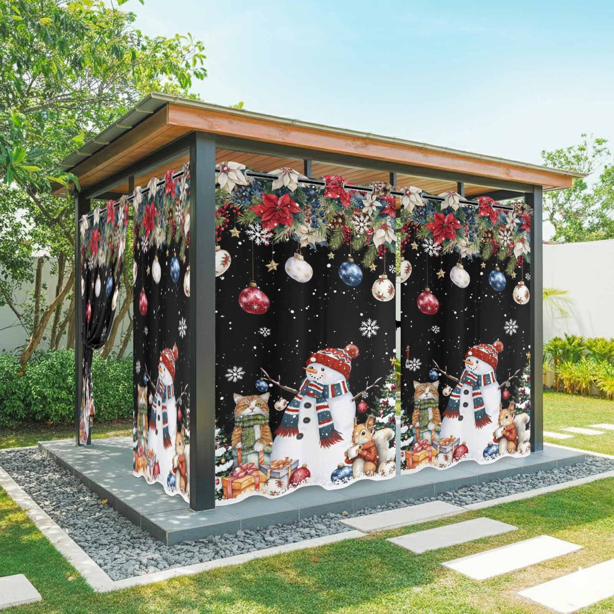 2 Panels Outdoor Curtains for Patio Waterproof 54"x84" Red Christmas Weatherproof Privacy Outsides Curtains, Snowman Poinsettia Pine Tree Squirrel Cat Grommet Thermal Drapes for Cabana Porch Pergola