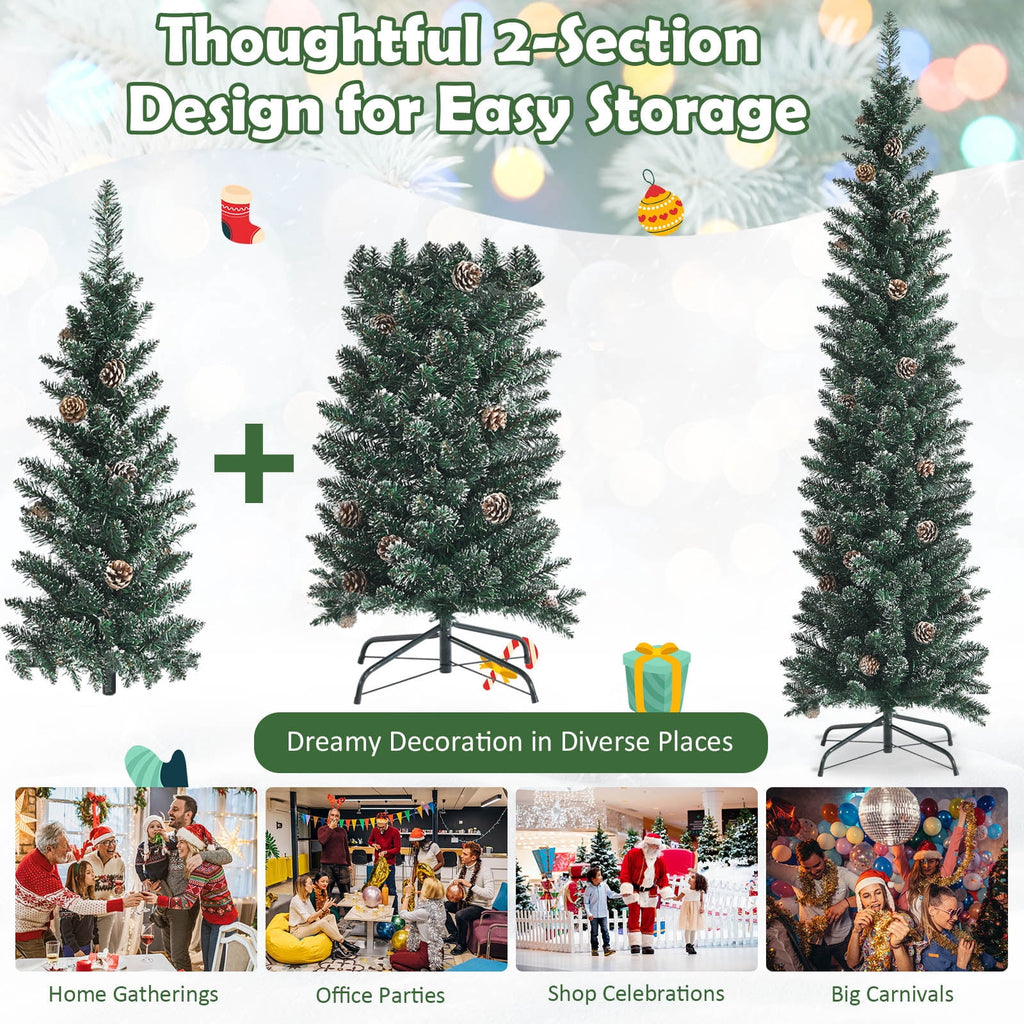 Topbuy 5FT Slim Pencil Tree Snowy Artificial Christmas Tree with 214 PVC Branch Tips & 25 Pine Cones Full Holiday Decoration Tree for Xmas