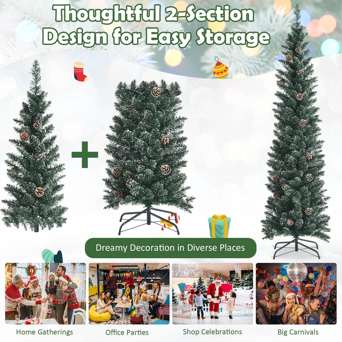 Topbuy 5FT Slim Pencil Tree Snowy Artificial Christmas Tree with 214 PVC Branch Tips & 25 Pine Cones Full Holiday Decoration Tree for Xmas