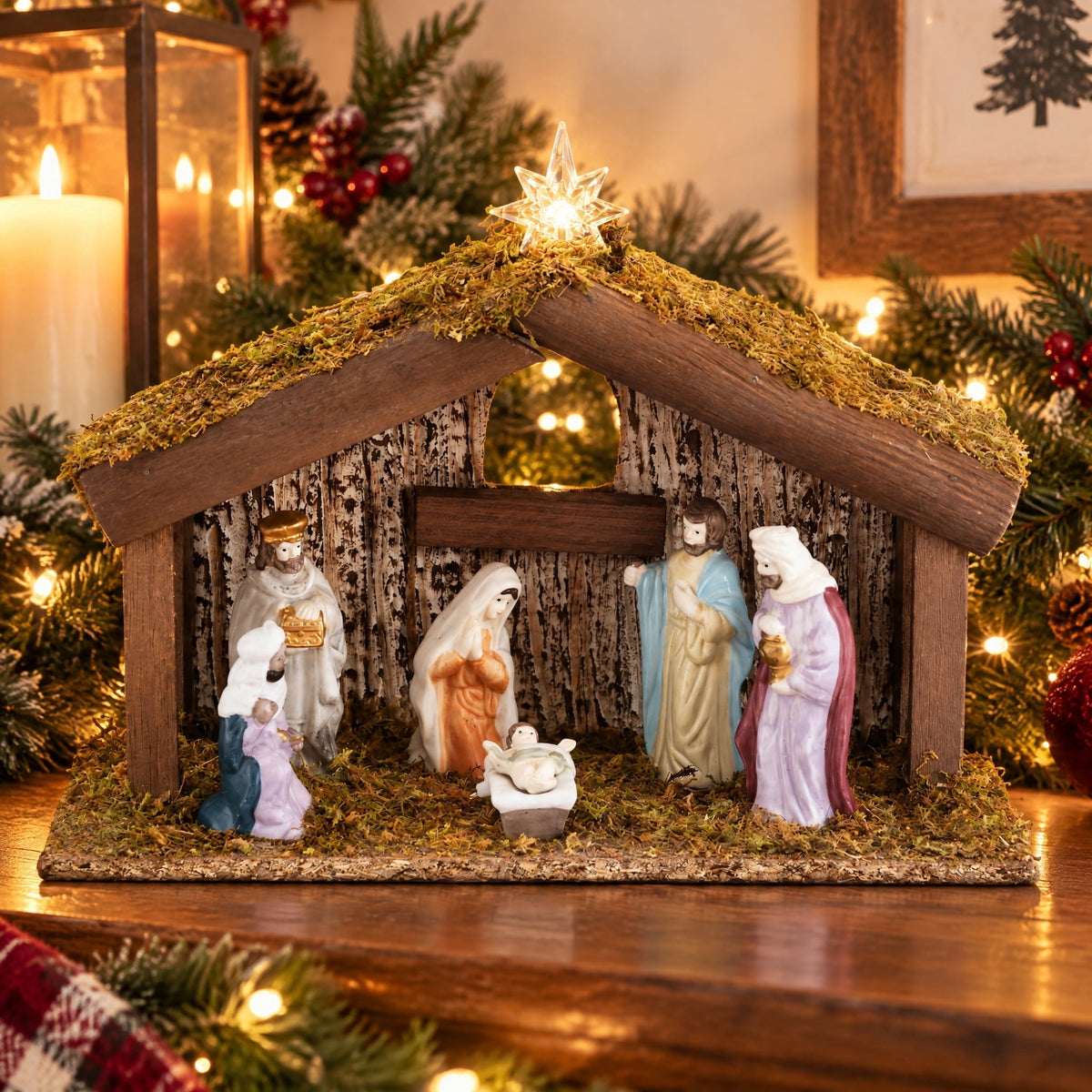 Light-Up Battery-Operated LED Porcelain Tabletop Indoor Nativity Scene Christmas Decoration, 11" x 7", 8 Pieces, by Holiday Time
