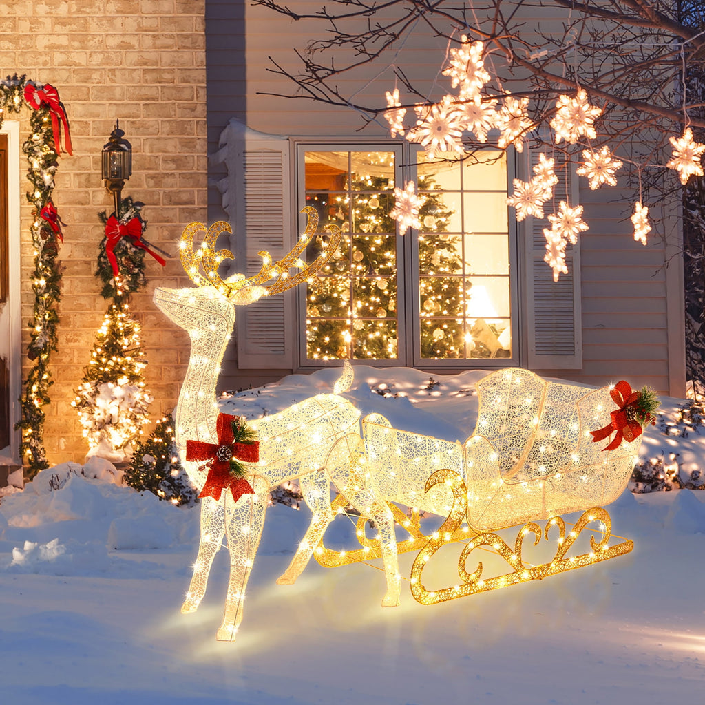 Costway 6 FT Christmas Lighted Reindeer & Santa's Sleigh W/ 215 LED Lights & 4 Stakes Gold