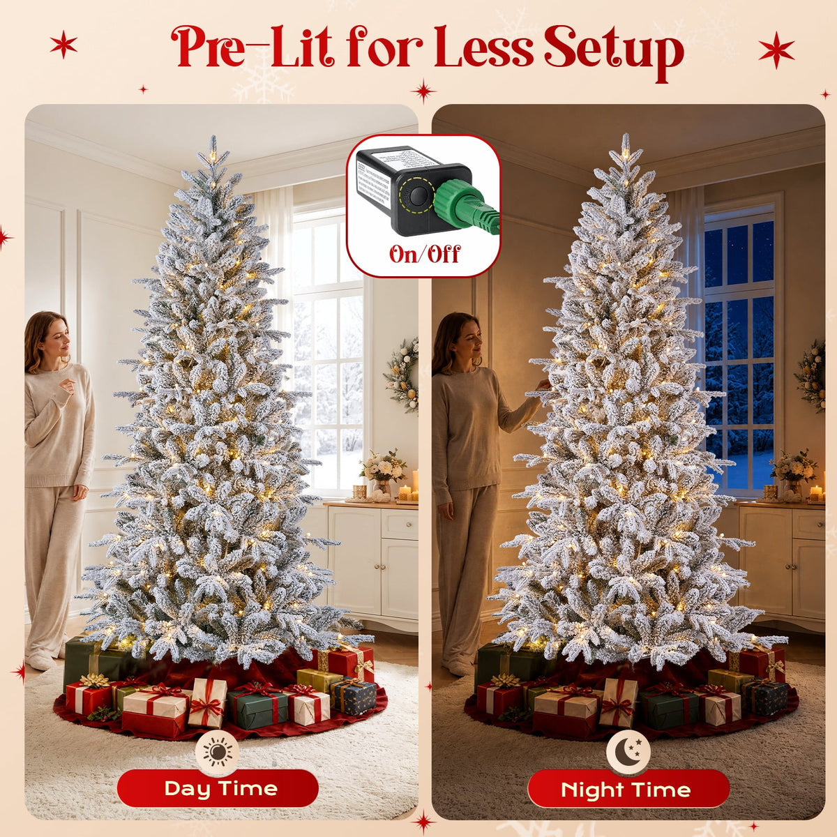 Goosiay 7FT Pre-Lit Flocked Fir Christmas Tree, 1060 PE & PVC Tips, 300 Warm White LED Lights, Snowy Hinged Artificial Christmas Tree for Living Room & Holiday Decor