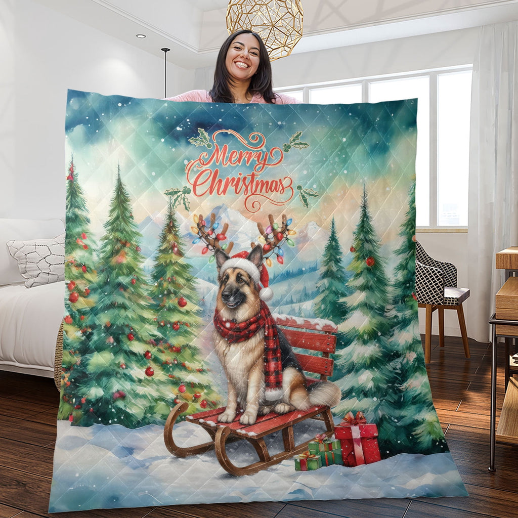 Merry Christmas Santa Reindeer Antlers French Bulldog Sleigh Xmas Winter Holiday Quilt Bedding Set Dog Lover Gifts 1 Blanket Bed Cover 2 Pillowcases - 00023
