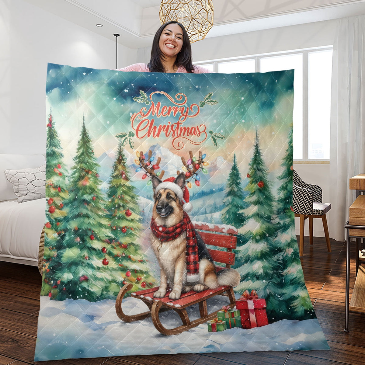 Merry Christmas Santa Reindeer Antlers French Bulldog Sleigh Xmas Winter Holiday Quilt Bedding Set Dog Lover Gifts 1 Blanket Bed Cover 2 Pillowcases - 00023
