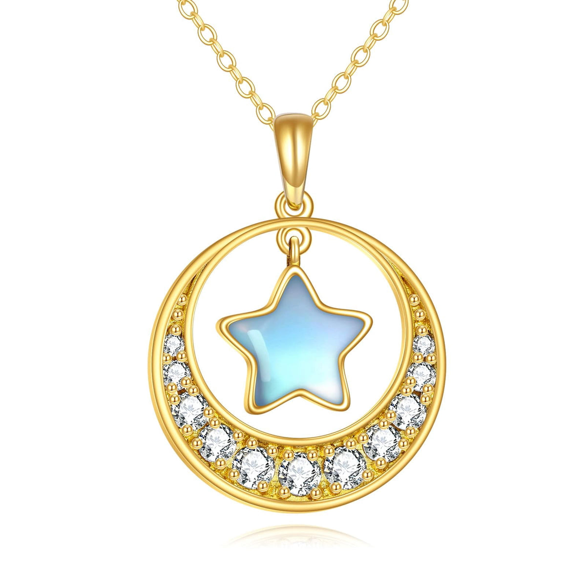 10K Gold Star Necklace for Women Real Gold Crescent Moon and Star Moonstone Pendant Necklace Jewelry Christmas Gifts Wife Daughter Girlfriend Mother