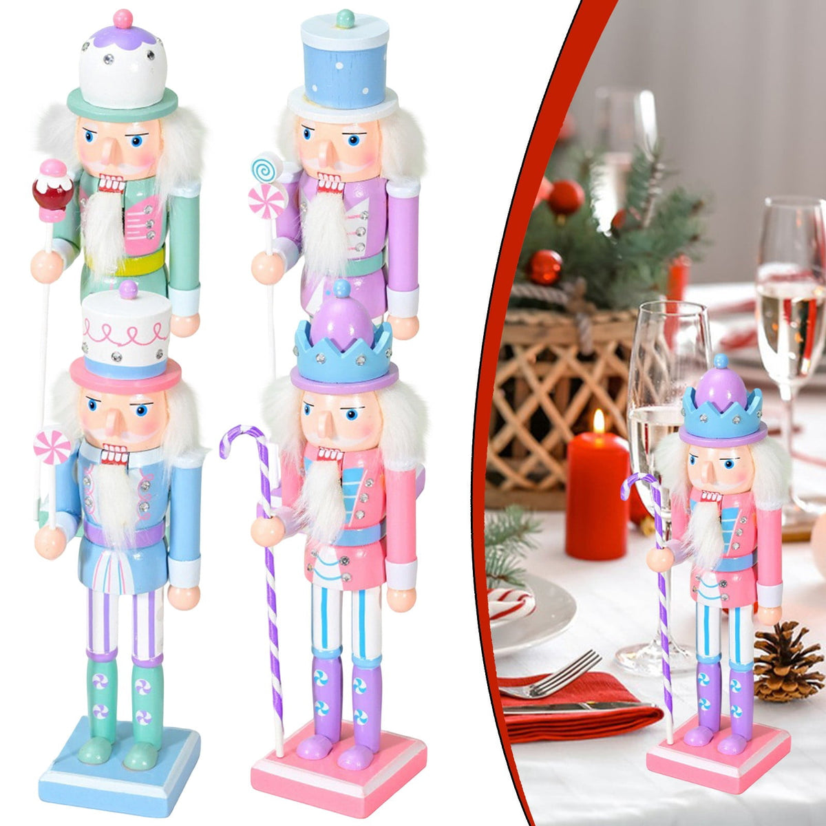 Wooden Nutcracker Soldier Figurine 4-Piece Set, Christmas Tabletop Decor for Mantel Shelf Window Holiday Home Decoration 14.96"