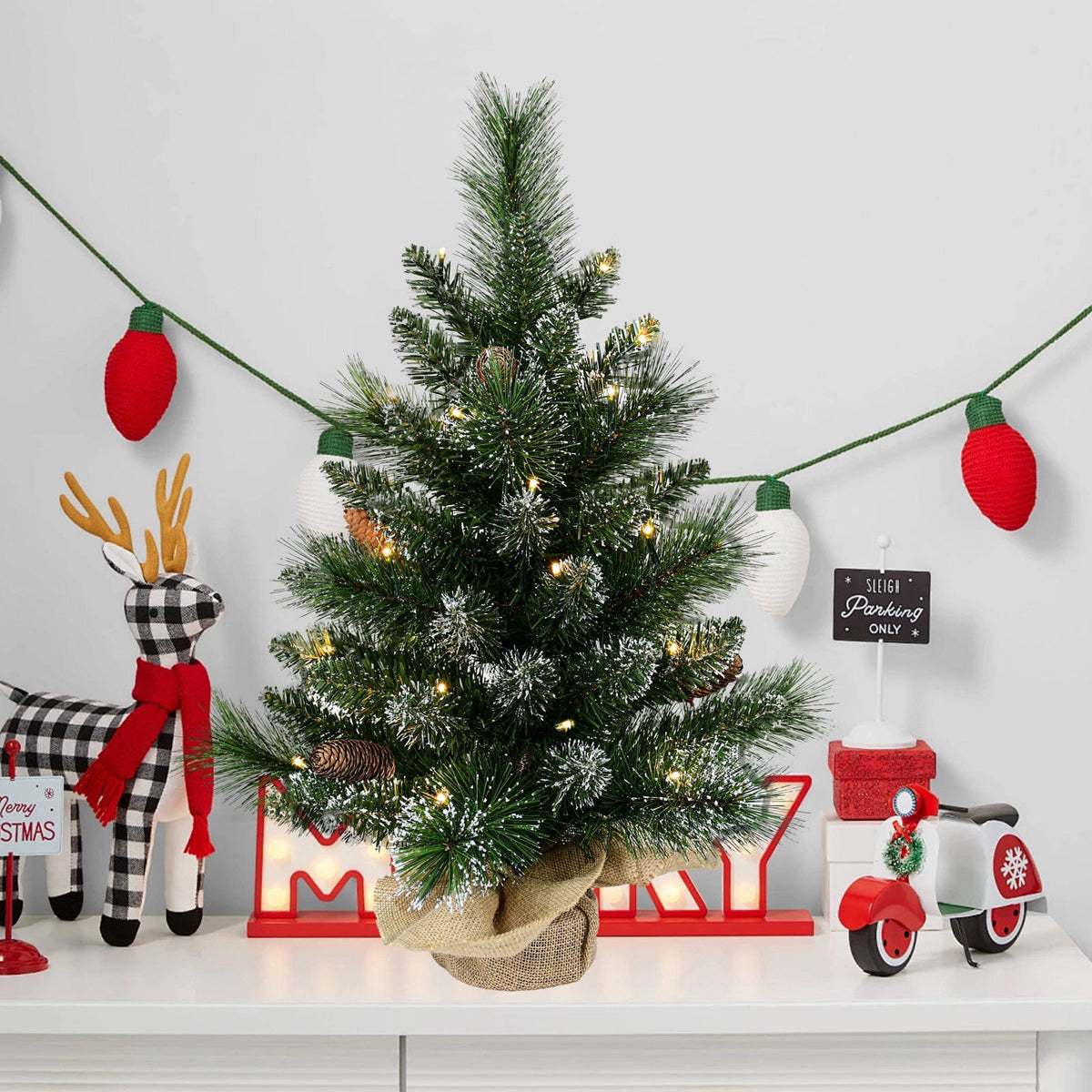 Bringstar 2FT Pre-Lit Artificial Mini Christmas Tree, Snow Tipped Tabletop Xmas Tree with 35 LED Lights, Pine Cones & Burlap Base