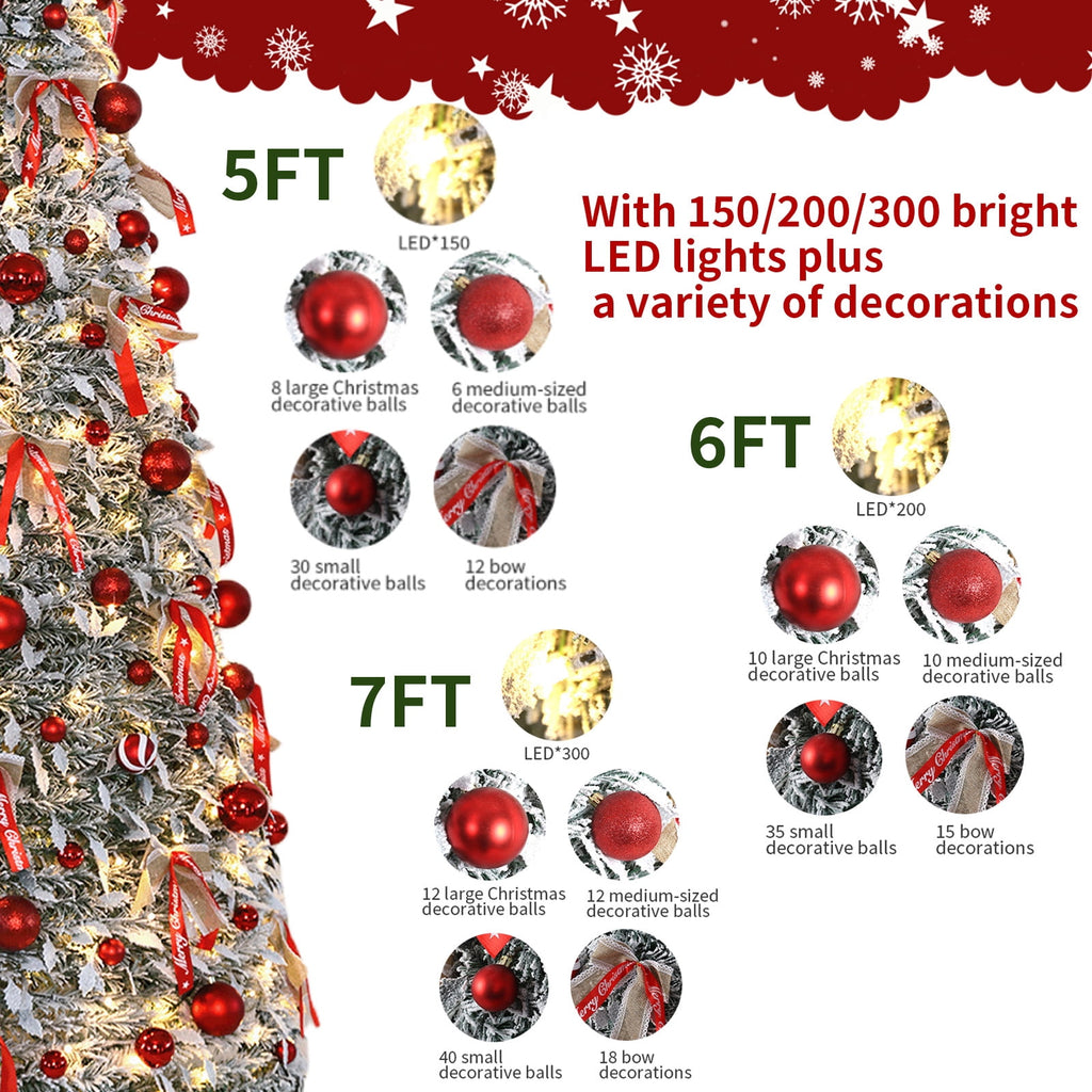 7 Ft Pre Lit Pop Up Christmas Tree with 300 Lights, Pre Decorated Artificial Green Xmas Tree with Ornaments, Easy Setup & Foldable for Storage