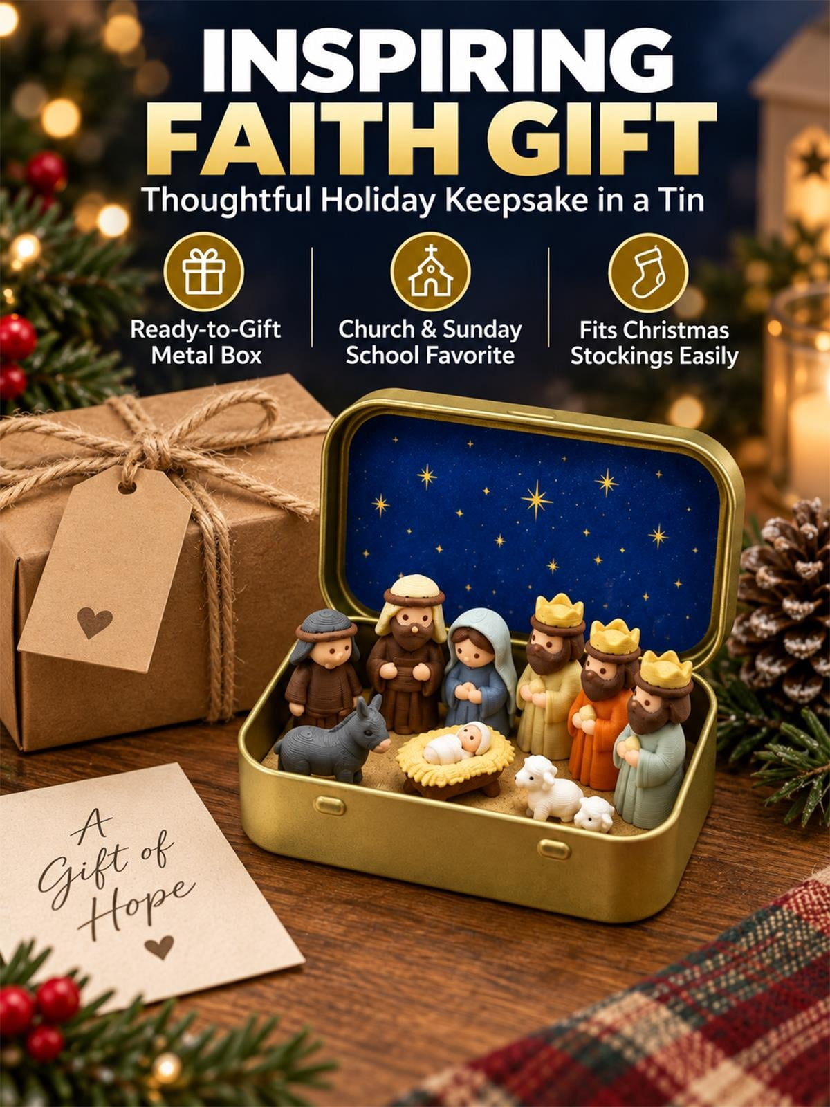 Nativity Set Scene 3D Printed Outdoor Pocket Size Holy Family Figurines Christmas in a Tin Box Decor Gift