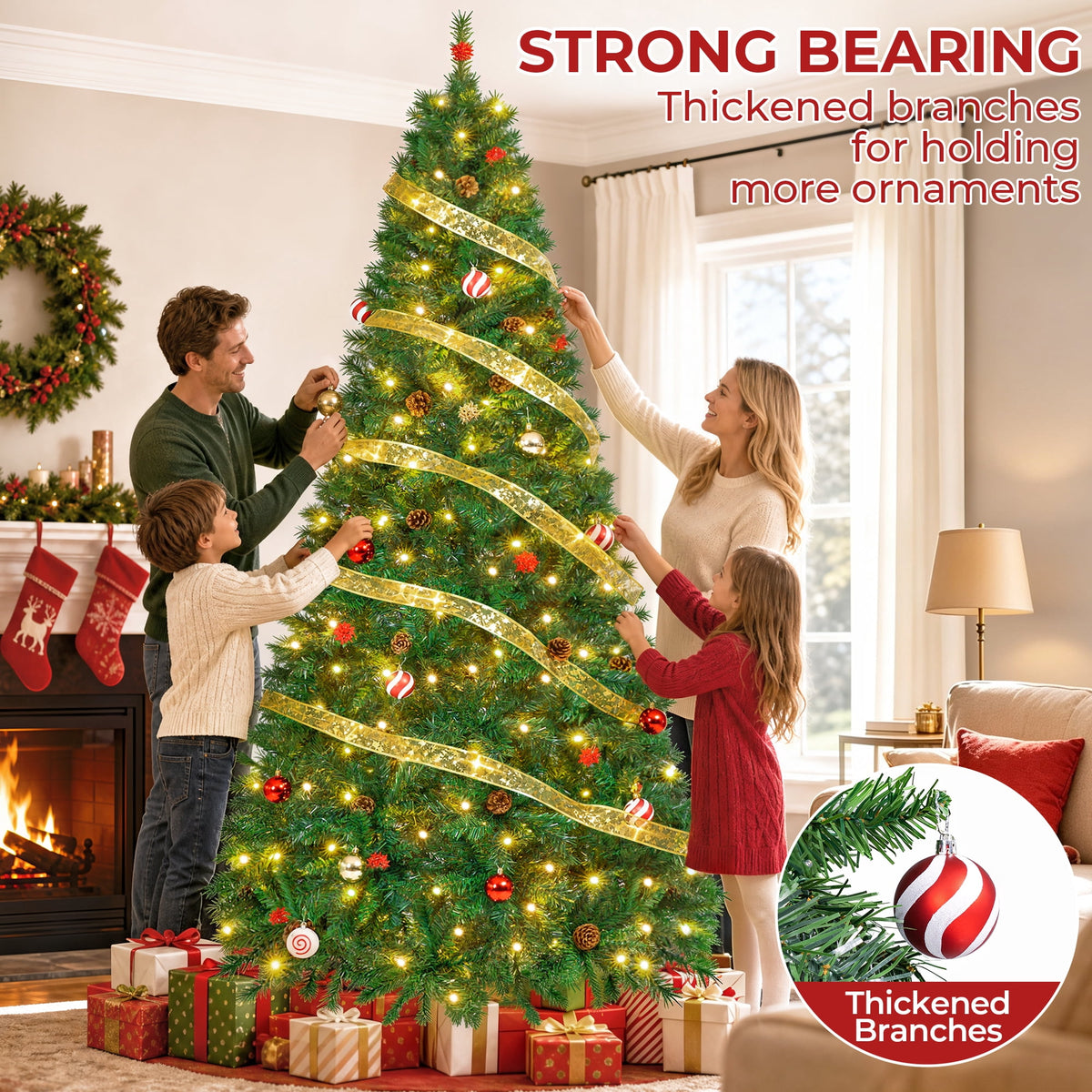 Firstness 6ft Pre-Lit Christmas Tree with 925 Branch Tips, Green Artificial Xmas Tree with Pine Cones, 8 Lighting Modes