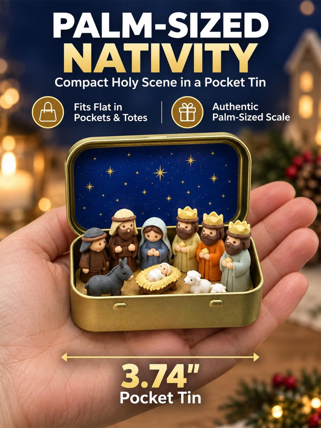 Nativity Set Scene 3D Printed Outdoor Pocket Size Holy Family Figurines Christmas in a Tin Box Decor Gift