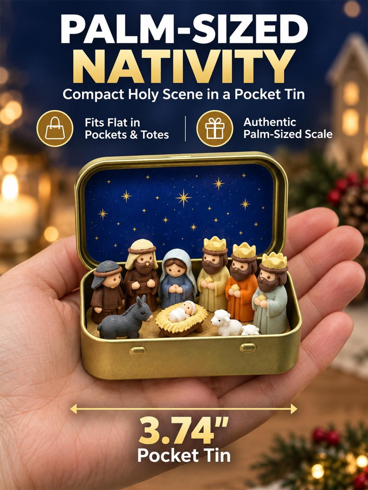 Nativity Set Scene 3D Printed Outdoor Pocket Size Holy Family Figurines Christmas in a Tin Box Decor Gift