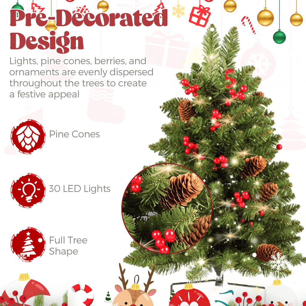 2 Pack 30 inch Prelit Outdoor Pathway Christmas Tree, Artificial Small Xmas Tree with Dual Color Berries & Balls, 30 Battery Operated Warm Lights for Holiday New Year Winter Patio Driveway Yard Lawn