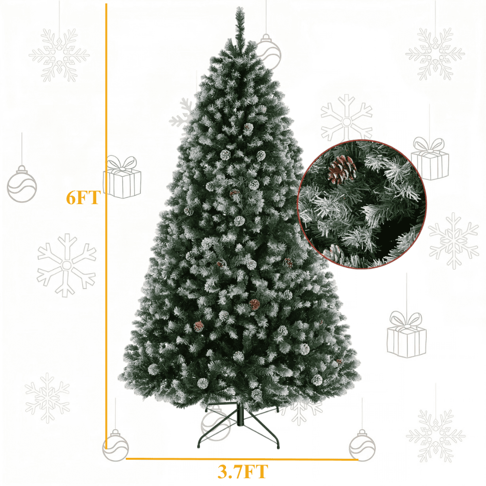 Legooin 6FT Pre-lit Christmas Tree Flocked Artificial Xmas Tree with 800 Branch Tips, 300 LED Lights, 51 Pinecones, for Christmas Holiday Decor, Green