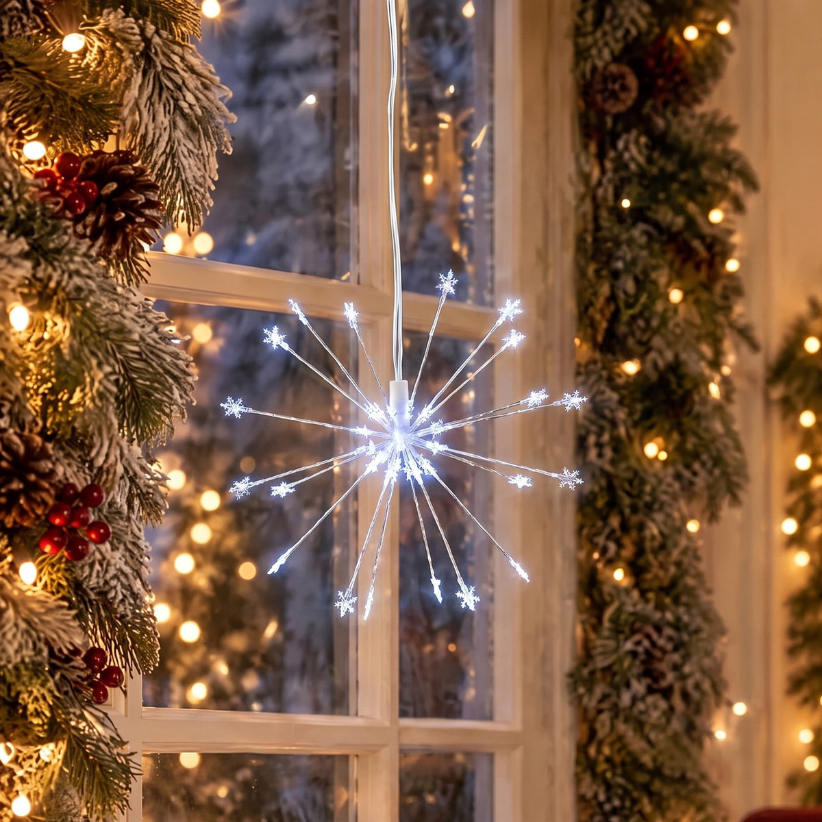 Indoor/Outdoor 6-Count LED 8-Function Starburst Christmas String Lights, Warm White, Transparent Wire, 7.5', by Holiday Time