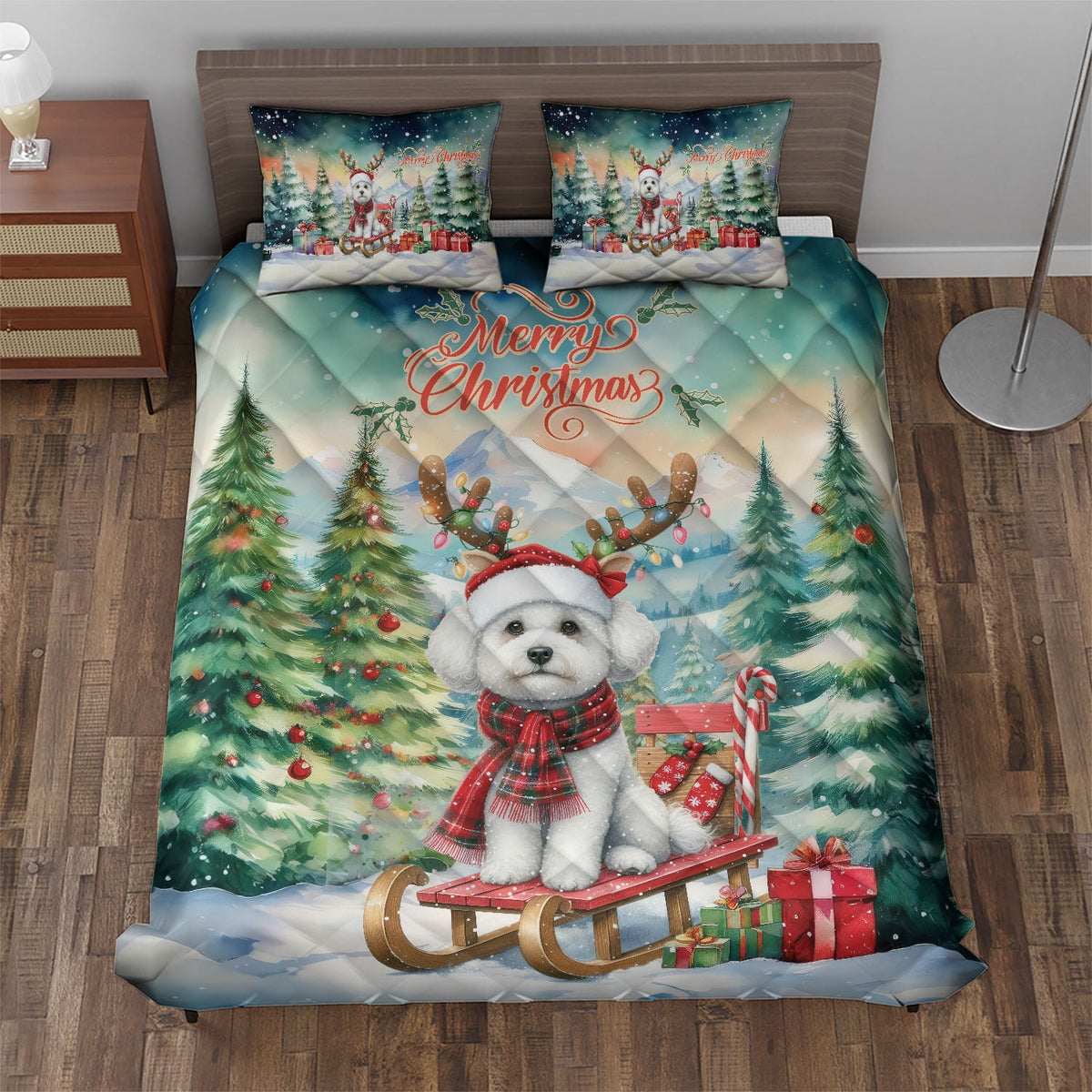 Merry Christmas Santa Reindeer Antlers French Bulldog Sleigh Xmas Winter Holiday Quilt Bedding Set Dog Lover Gifts 1 Blanket Bed Cover 2 Pillowcases - 00023