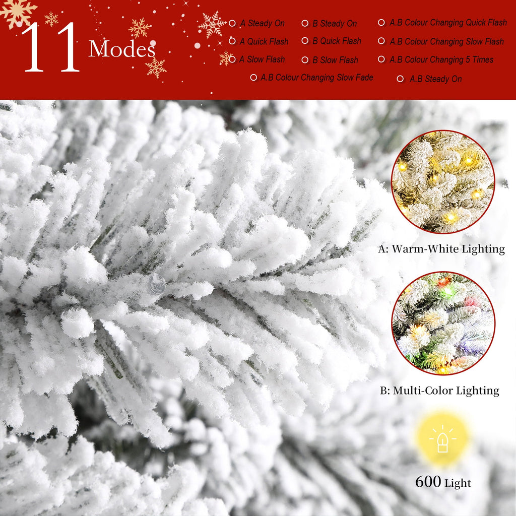 Yexmas 7.5FT Pre-Lit Snow Flocked Christmas Tree,Artificial White Christmas Tree with Large Christmas Tree Storage Bag,11 Modes Warm White & Multicolor LED Lights for Xmas Decoration