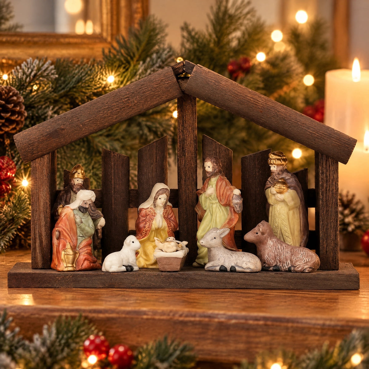 Porcelain Tabletop Indoor Nativity Scene Christmas Decoration, 11" x 7", 11 Pieces, by Holiday Time