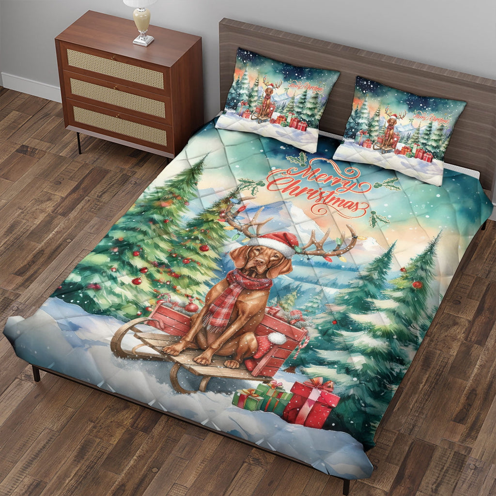 Merry Christmas Santa Reindeer Antlers French Bulldog Sleigh Xmas Winter Holiday Quilt Bedding Set Dog Lover Gifts 1 Blanket Bed Cover 2 Pillowcases - 00023
