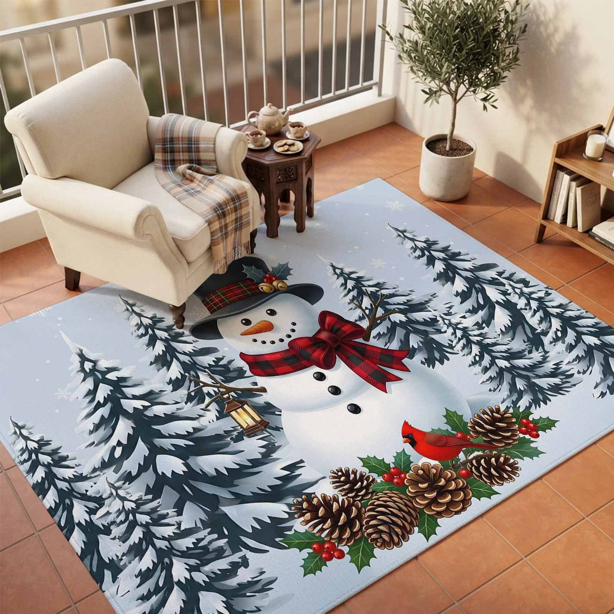 5x7 Area Rugs, Light Blue Snowman Christmas Non-Skid Rubber Backing Large Rectangle Rugs - Living Room Bedroom Home Office, Xmas Pinecone Tree Snowflake Indoor Floor Mat Carpets Washable Rug