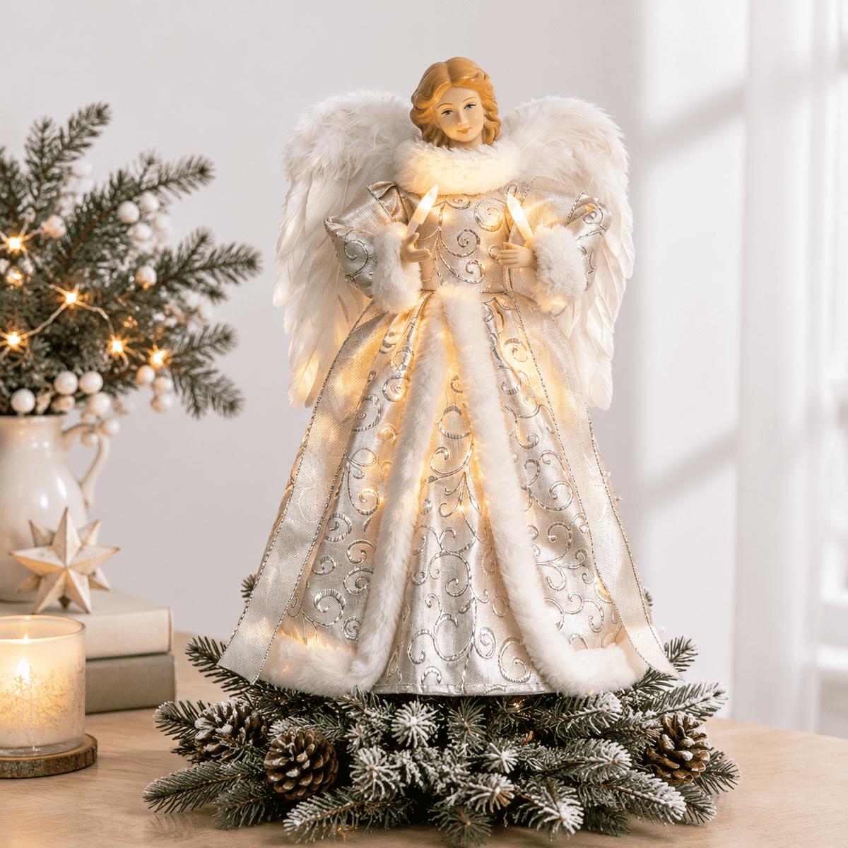 12 Inch Lighted Angel Christmas Tree Topper, Elegant Holiday Decor with Warm Lights