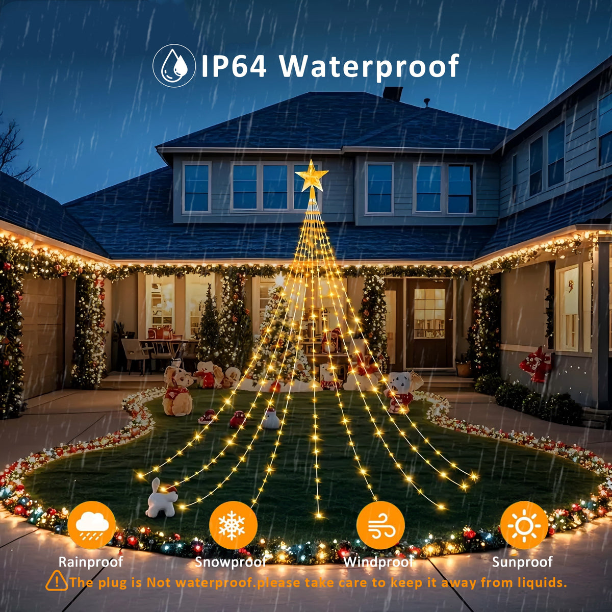 PMMIPNW Christmas Tree Lights Plug in 180LED, 8 Modes Christmas String Light with Topper Star, Waterfall Xmas Tree Lights with Timer for 6ft - 8ft Tree Wall Decoration (Multicolor)