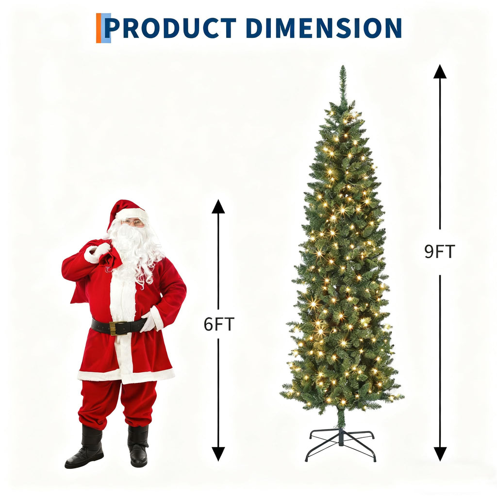 9ft Pre-Lit Slim Artificial Christmas Tree, Hinged Xmas Tree with Hinged Structure & Metal Stand for Home, Shops and Holiday Decoration