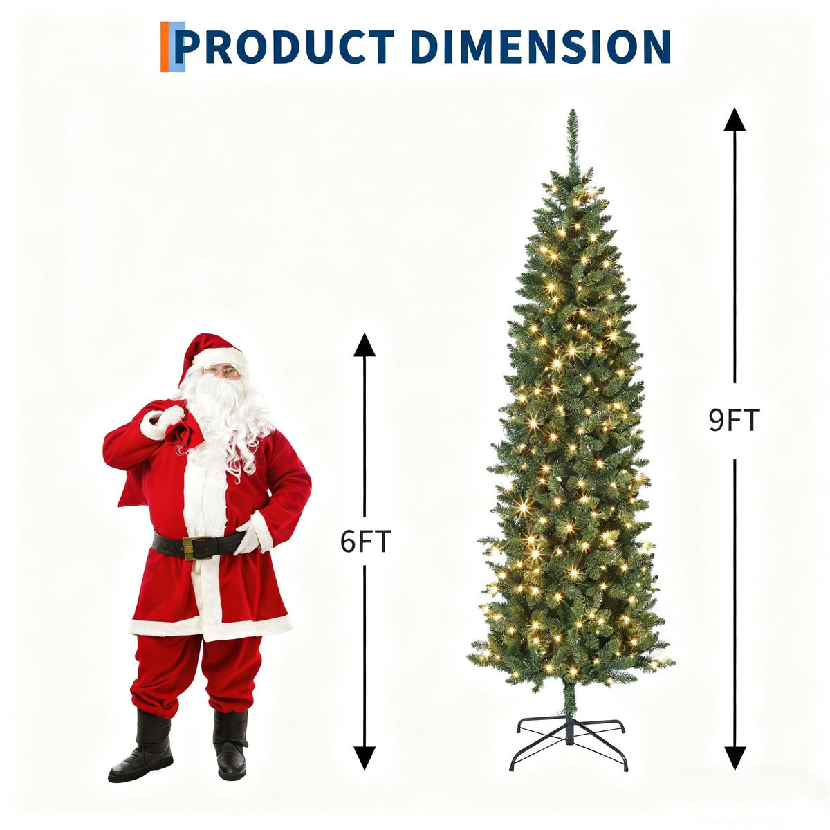 9ft Pre-Lit Slim Artificial Christmas Tree, Hinged Xmas Tree with Hinged Structure & Metal Stand for Home, Shops and Holiday Decoration